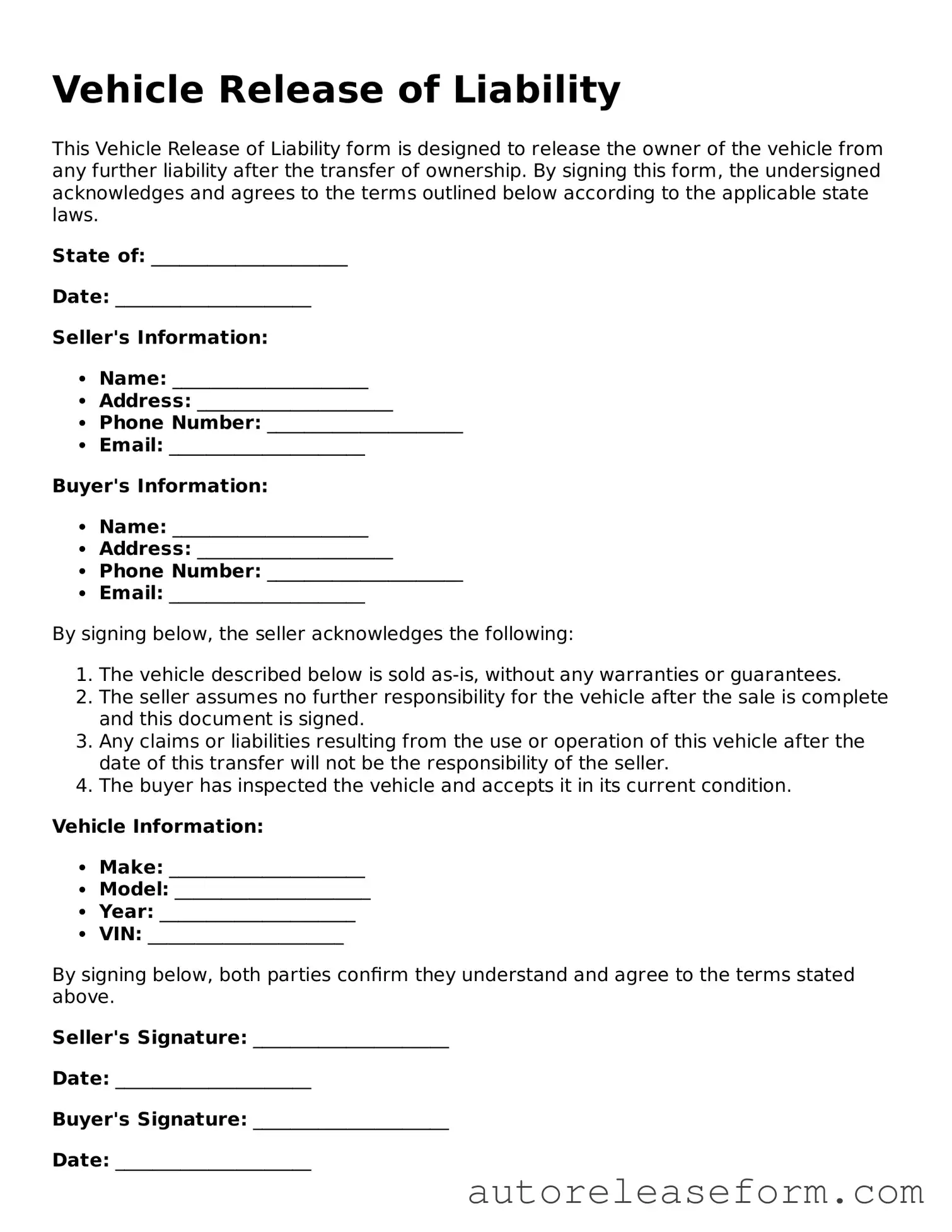Official Vehicle Release of Liability Template